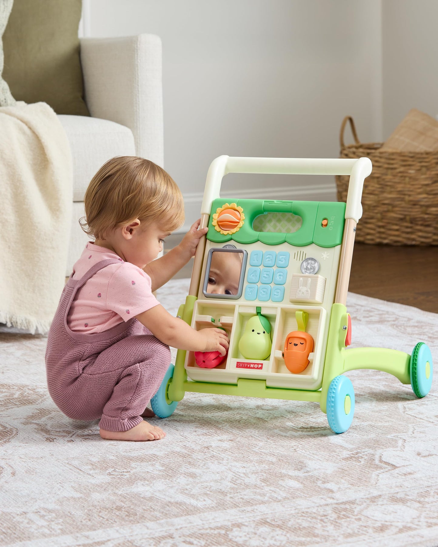 Skip Hop Baby Walker 5-in-1 Sit to Stand Convertible Light Up Walker with 50+ Activities for Developmental Play, Songs and Sounds 3 Adjustable Handle Heights and Speed Control Switch Farmstand Age 6m+