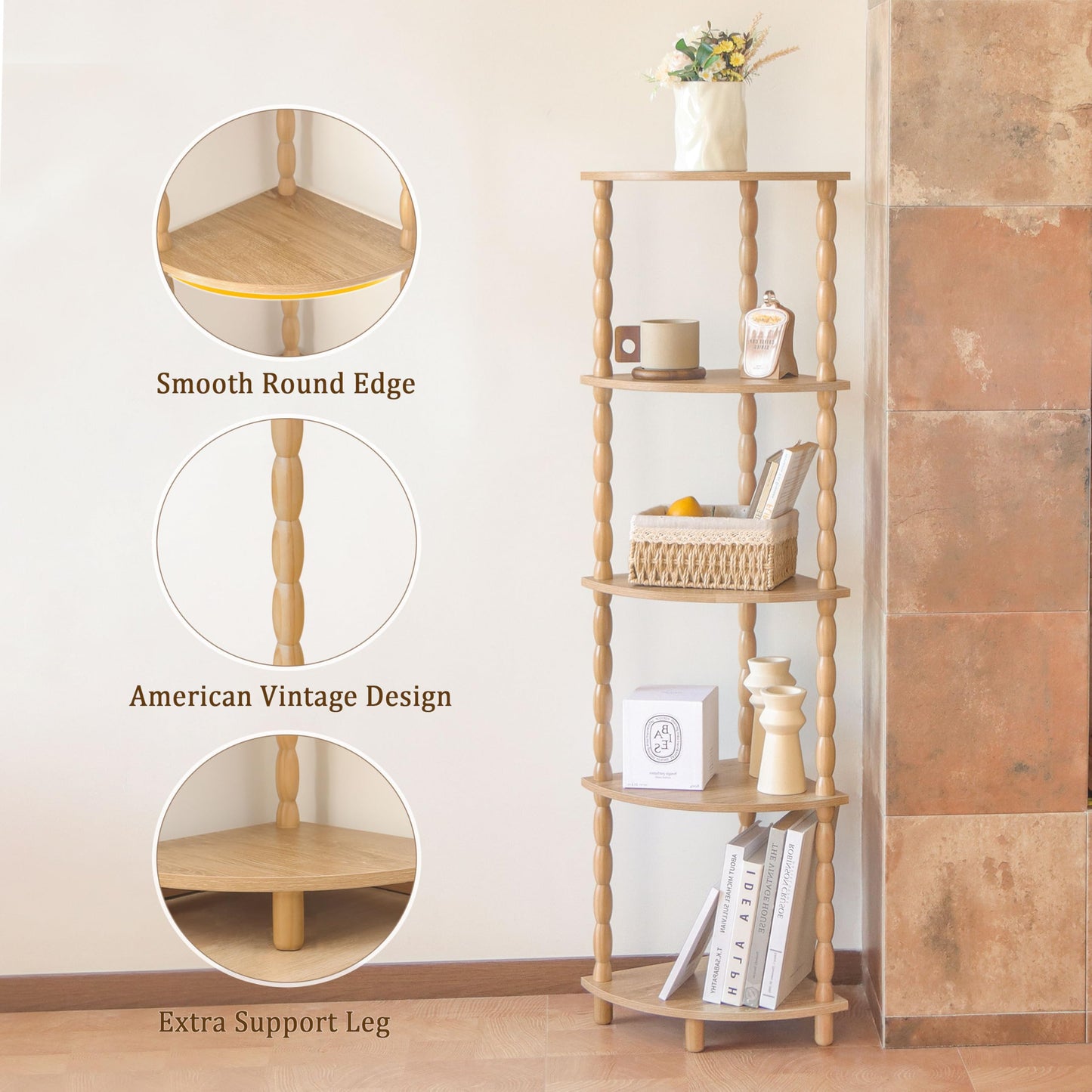 MaxSmeo Corner Bookshelf, 5-Tier Corner Shelf Stand, Modern Corner Plant Shelves with Storage, for Bedroom, Bathroom, Kitchen, Living Room (Rustic Walnut)