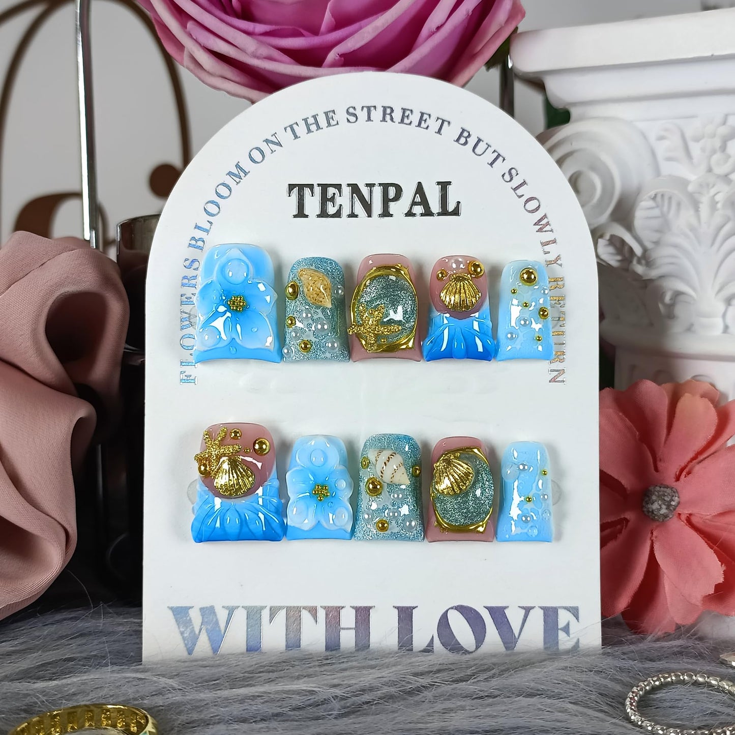 TENPAL Handmade Duckbill Press on Nails Short - Ocean Blue 3D Shell Starfish Glitter Design Fake Nails with Tools, Acrylic Glossy Reusable Y2K False Duck Nails for Women Girls(L)