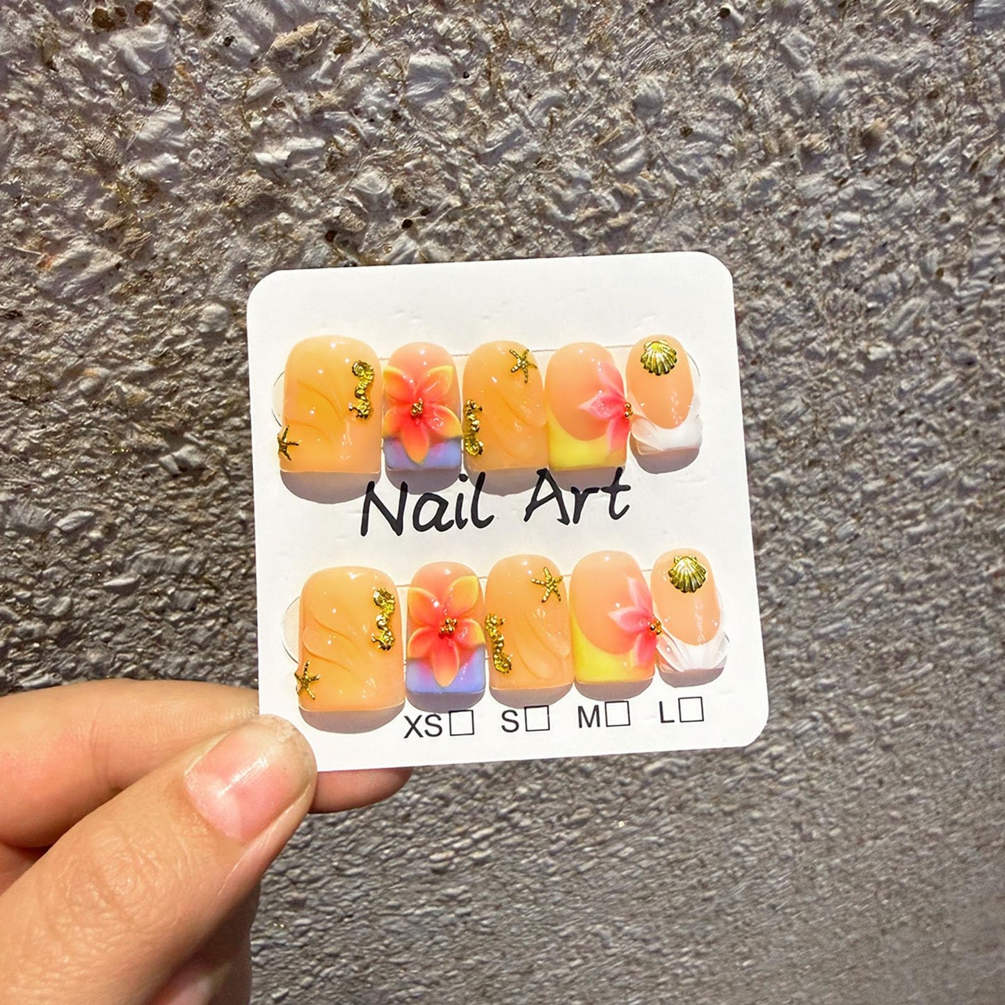 10 Pcs Yellow Handmade Press on Nails Short Square Fake Nails with 3D Flower Seashell Ocean Design Acrylic French Tip False Nails M Size Short Press Ons Nails Square for Women Nail Art