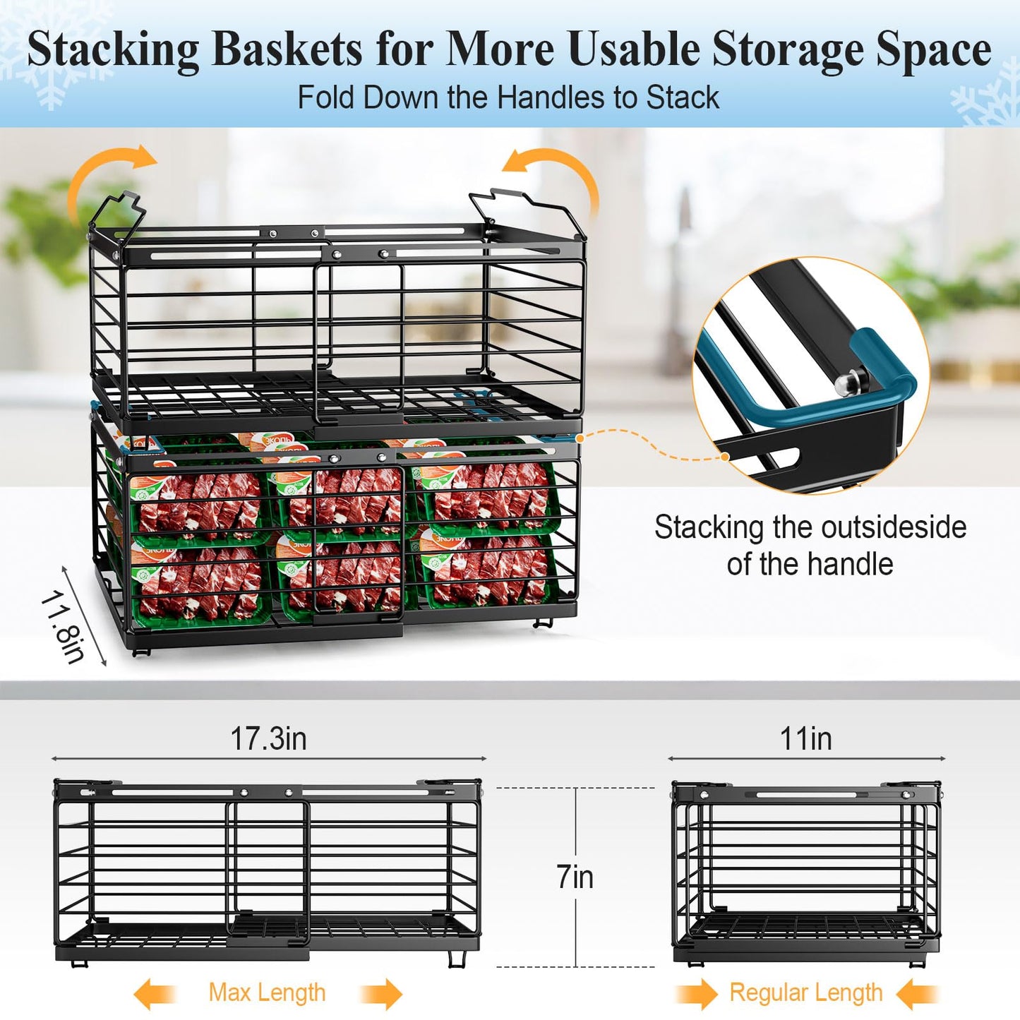 OdoVow Freezer Organizer Bins, 2 Packs Large Expandable Stackable Chest Freezer Containers with Handle, Metal Adjustable Storage Baskets for Fridge, Deep Freezer, Cabinet, Kitchen, Pantry - Black