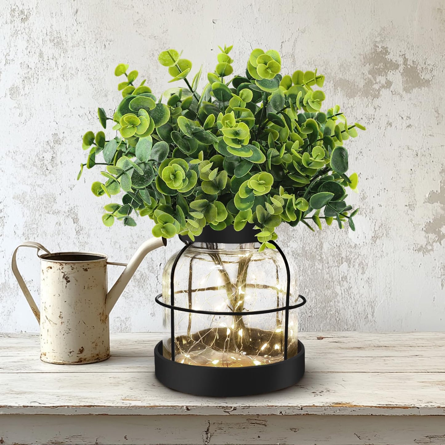 Farmhouse Rustic Glass Vases Primitive Country Lantern Coffee Dining Table Centerpiece Green Fake Artificial Eucalyptus Plants with Light Home Decor for Shelf Desk Counter Kitchen Bathroom, Black
