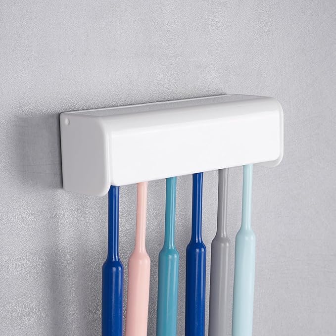 6 Slots Wall Mount Toothbrush Holder with Cover, Self Adhesive Toothbrush Storage Organizer for Shower, Toothbrush Hanger for Bathroom, Medicine Cabinet, Dorm