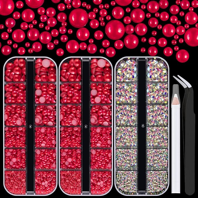 4000PCS Flatback Rhinestones and Half Round Pearls Kit #43, Multi Size Glass AB Crystals, Plastic Flat Back Red Dome Bead with Pickup Pencil and Tweezer for Nail Art