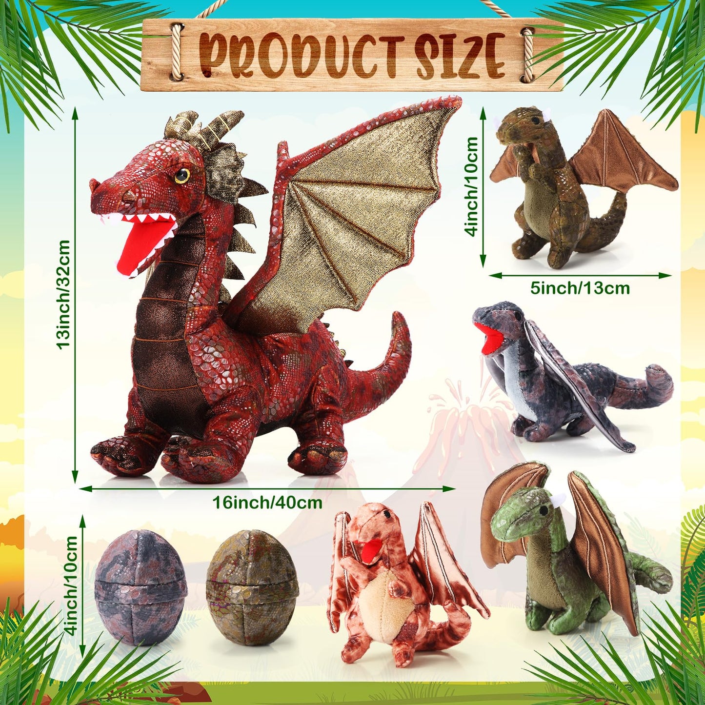 Deekin 7 Pcs Dragon Toy Set 16 Inch Large Dragon Stuffed Animal with 4 Baby Plush and 2 Eggs in Mommy's Belly Dinosaur Plushies Gifts for Boys Girls Birthday(Retro Style)