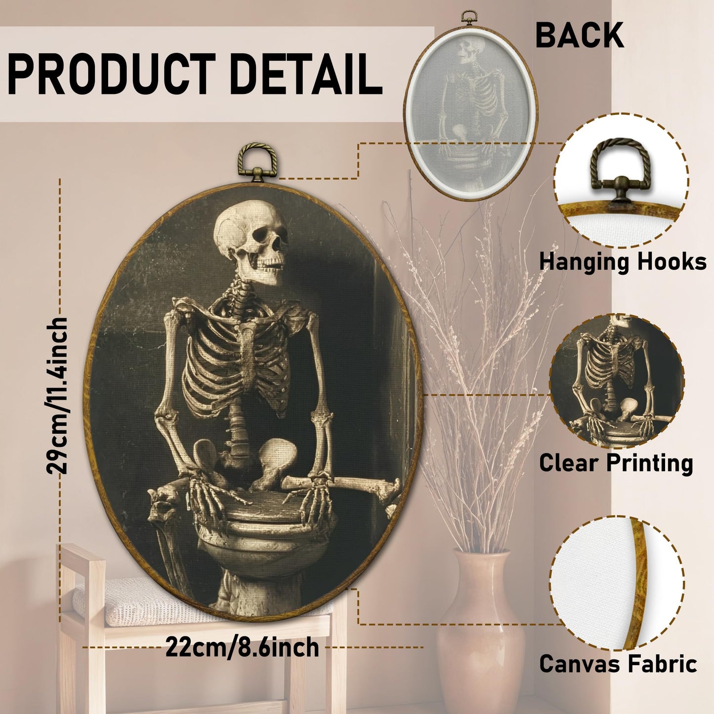 QZQE Funny Gothic Skeleton Bathroom Oval Wall Art Decor Framed, Moody Skeleton Oval Canvas Prints, Dark Academia Spooky Skull Wall Hanging Decor for Bathroom Washroom Restroom, 8.6x11.4 Inch
