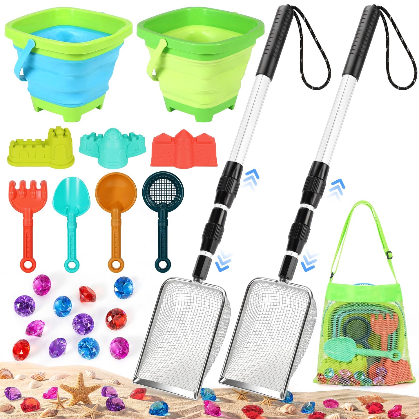 Beach Sand Toys Set with 2 PCS Adjustable Shark Tooth Sifter, Collapsible Beach Bucket,Sandbox Shovels,Sand Castle Kit,Diving Gem,Seashell Bags,Sand Sifter Shell Scooper Beach Essentials for kids 3-12