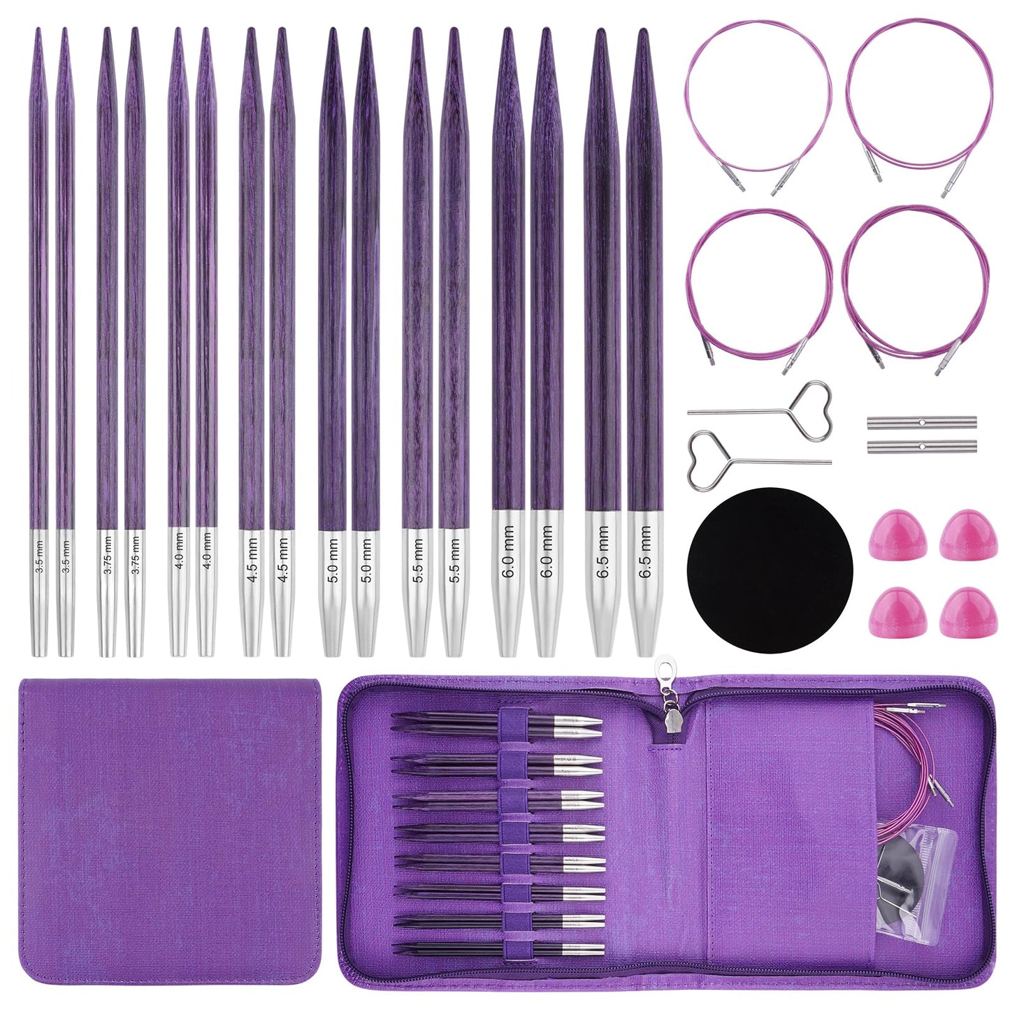 BsHooker Interchangeable Circular Knitting Needles Set with Case,3.5mm-6.5mm Birch Wood Knitting Needles Set with Cables,Complete Accessories