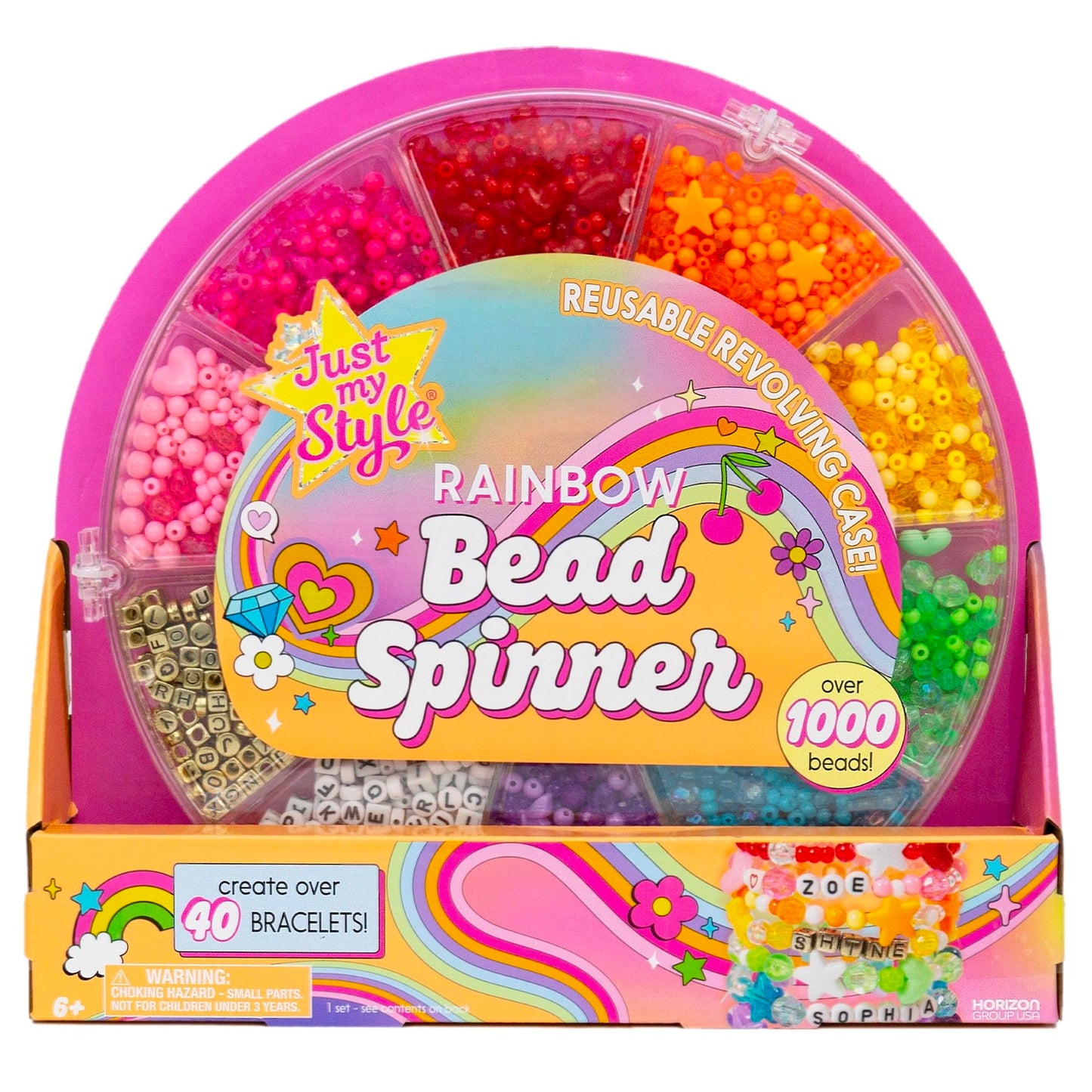 Just My Style Rainbow Bead Spinner, DIY Bracelet Making Kit with Swiveling Bead Case, Includes Over 1,000 Beads for Bracelet Making, Elastic, and More