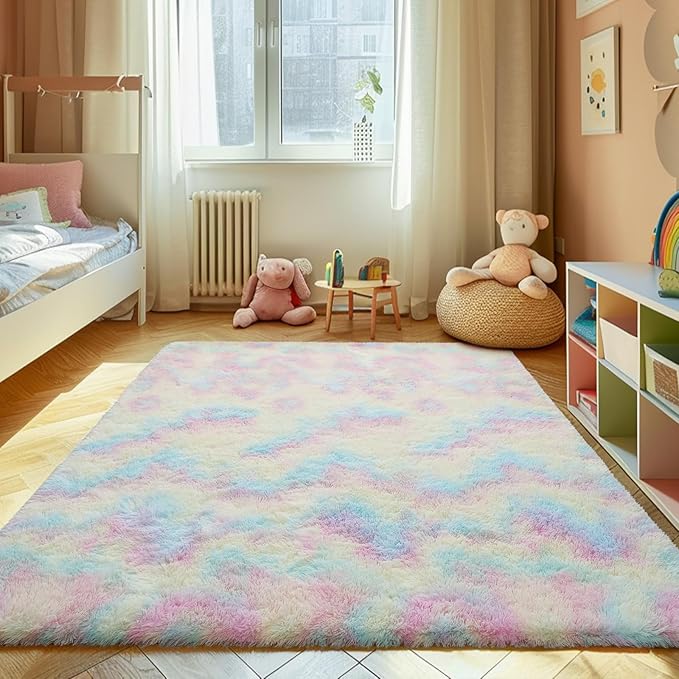 Shag Area Rug for Bedroom 5x8,Fluffy Area Rugs for Living Room,Soft Fuzzy Rug Non-Shedding Indoor Plush Carpet for Kids Bedroom Nursery Dorm Home Decor,Rainbow