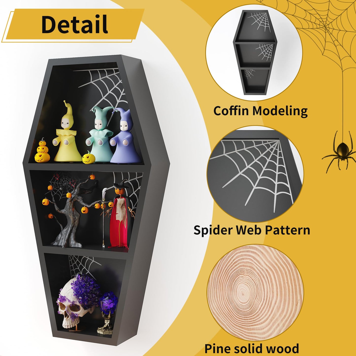 LUPWNEKA 24 in Halloween Goth Coffin Bookshelf with Spider Web, Wooden Gothic Coffin Bookshelf for Home, Black Spooky Curio Shelf for Home Decor, Witchy Room Decor for Oddities