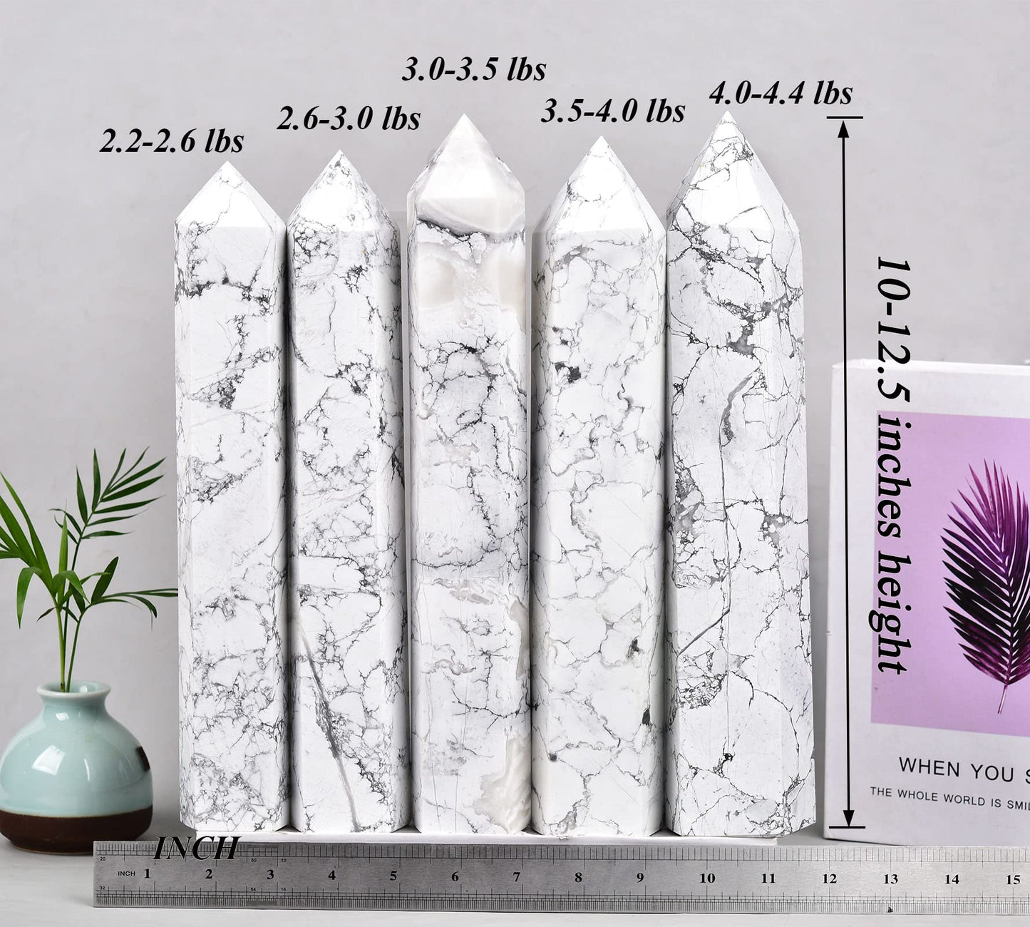 AMOYSTONE Large Healing Crystal Obelisk Tower White Howlite Point Wand Crystal Decor Reiki Gifts for Bignners 2.2-2.6 LBS