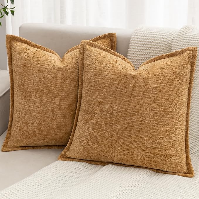 Mustard Yellow Decorative Throw Pillow Covers 18x18 Inch Set of 2 Cozy Soild Chenille Cushion Cases Soft Textured Square Couch Pillows Cover Boho Accent Farmhouse Pillowcases for Bed