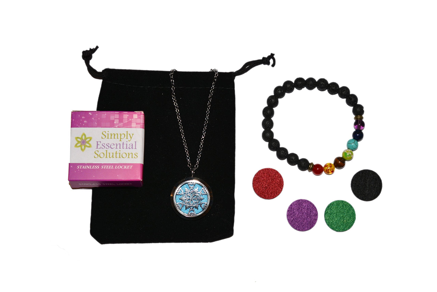 Aromatherapy Essential Oil Diffuser Stainless Steel 30MM Silver Magnetic Locket Pendant with Chain Necklace and Colored Refill Pads & Diffuser Bracelet All in a Velvet Bag (Snowflake1)