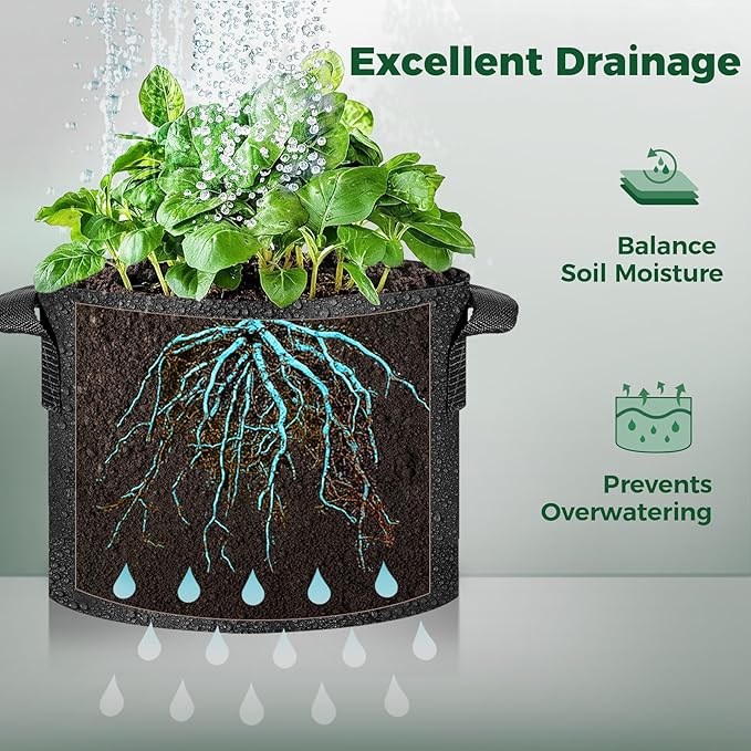T4U Fabric Plant Grow Bags with Handle 7 Gallon Pack of 5, Heavy Duty Nonwoven Smart Garden Pot Thickened Aeration Nursery Container Black for Outdoor Potato, Tomato, Chili, Carrot and Vegetables