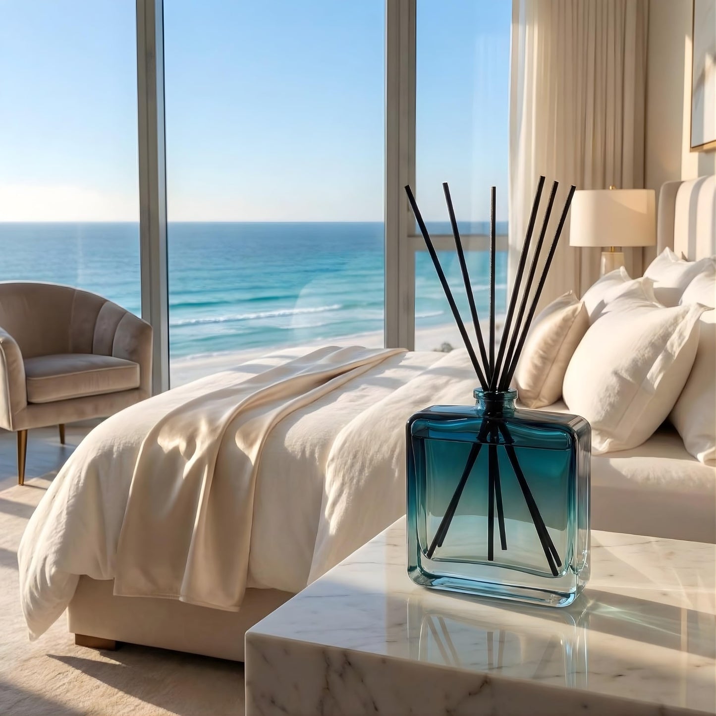 Reed Diffuser Set for Home Fragrance – 100ml Summer Sea Breeze Aromatherapy Diffuser with Reed Sticks, Long Lasting Flameless Fragrance for Bedroom, Bathroom & Living Room, Decorative Glass Bottle