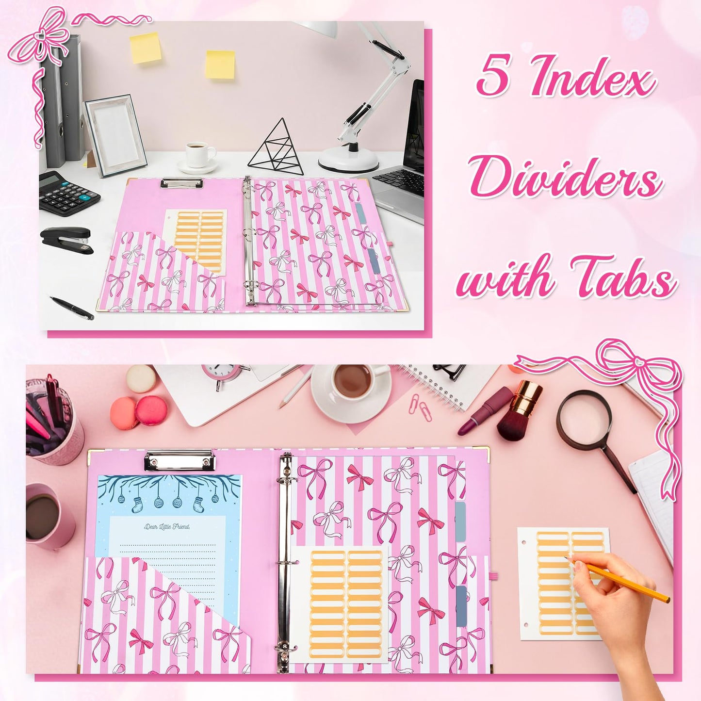 1 Inch 3 Ring Binder with Clipboard, Cute Binder Pink Bow Design, Holds 200 Sheets A4 Letter, Inside Pockets & 5 Tab Dividers, Pretty Classic Pink Binder for School Office Supplies(Pink Striped Bow)