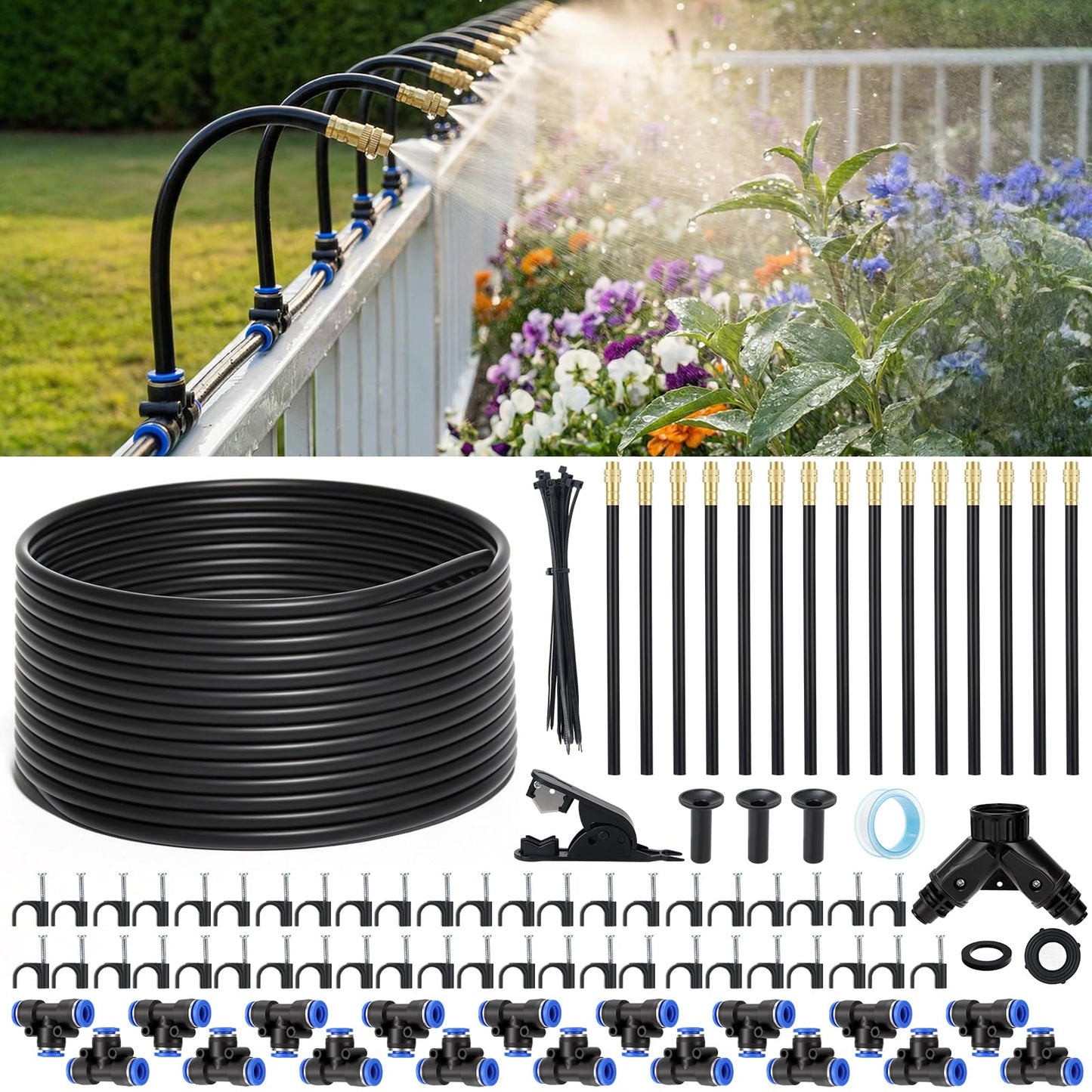 60FT Drip Irrigation Kit, 6mm Hose with Dual Outlet Splitter with Independent Valves & 15 360° Adjustable Brass Nozzles & 18 Snap-On Tees, DIY Automatic Watering for Greenhouse, Raised Beds, Garden