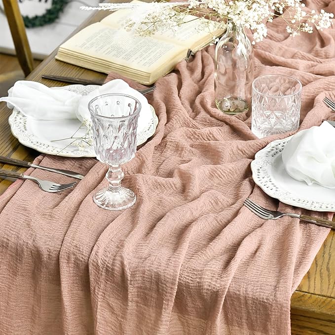 Artoid Mode Boho Cheesecloth Gauze Peach Powder Wedding Table Runner, 120 Inch Seasonal Christmas Winter Fabric Kitchen Dining Holiday Table Decor for Home Party Indoor