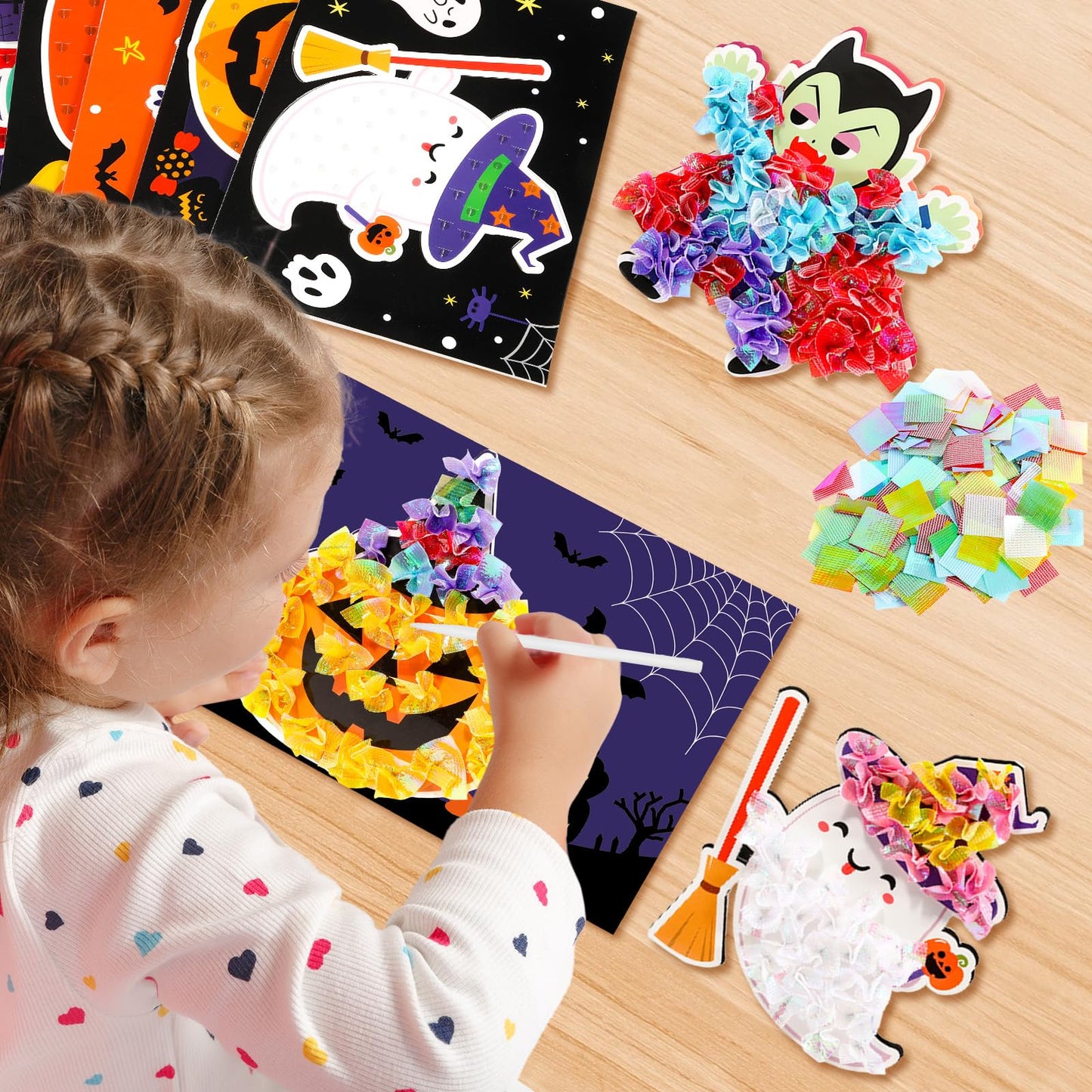 Lonfliness 8PCS Poke Craft Kit Halloween No-Mess Fabric Sewing Art Puzzle Puncture Painting Bat Pumpkin Ghost Halloween Creative Activity Game Birthday Party Favors