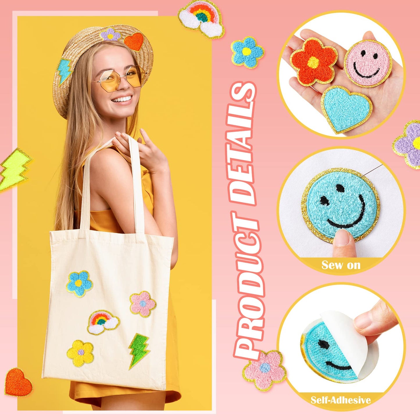 Hanaive 80 Pcs Chenille Letter Patches Self Adhesive Iron on Patch 3D Cute Embroidered Rainbow Smile Face Heart Applique Sewing Badges Patch for Fabric Clothing Jacket DIY(Assorted Rainbow,Cute)