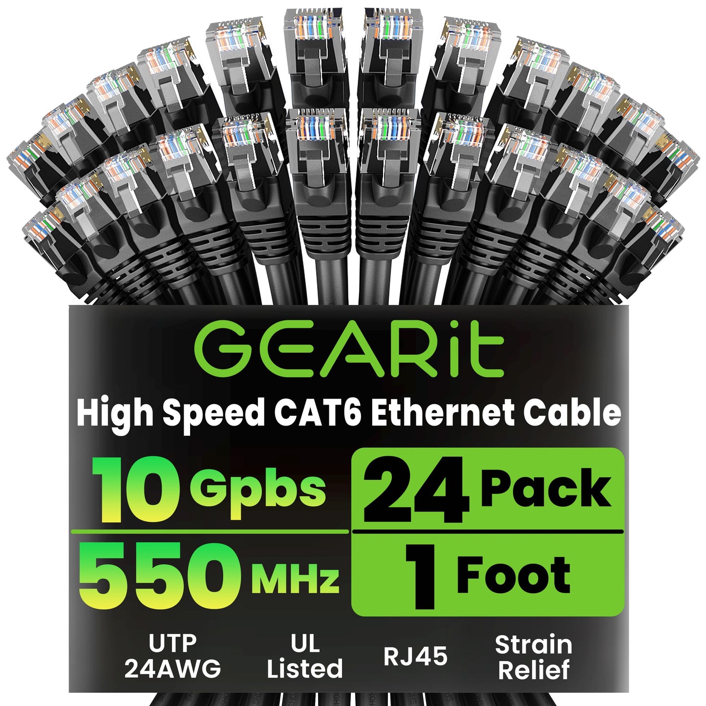 GEARit Cat 6 Ethernet Patch Cables 1 ft Black (Cat 6 Ethernet Cables 1 ft 24-Pack), CAT6 High Speed 24AWG 10Gbps RJ45 Snagless Gold-Plated, Ethernet Cable for Router, Switch, PC, PS5 Gaming, Server