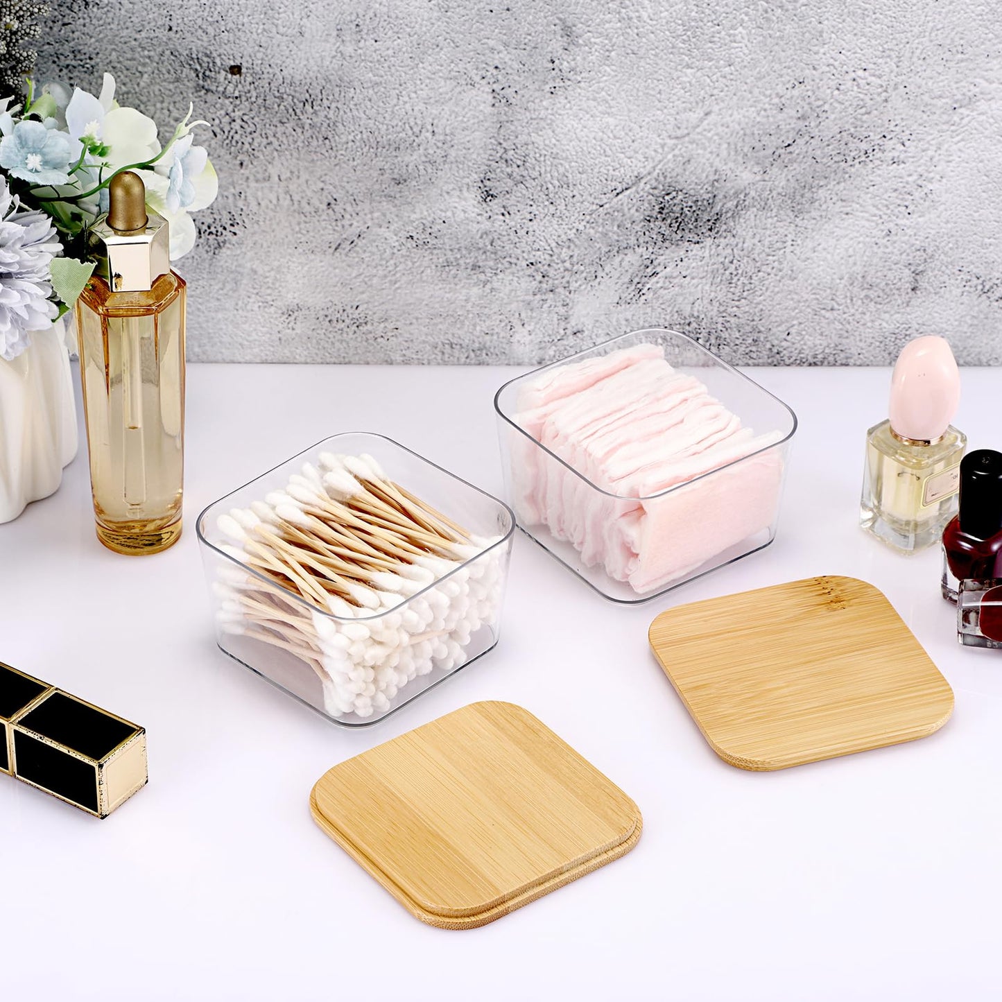 BTSKY 2 Pack Clear Stackable Paper Clip Holder with Bamboo Lid Paperclip Box Plastic Cute Office Supply Accessory Organizer Square Small Storage Holder Cute Qtip Holder for Office Bathroom Vanity