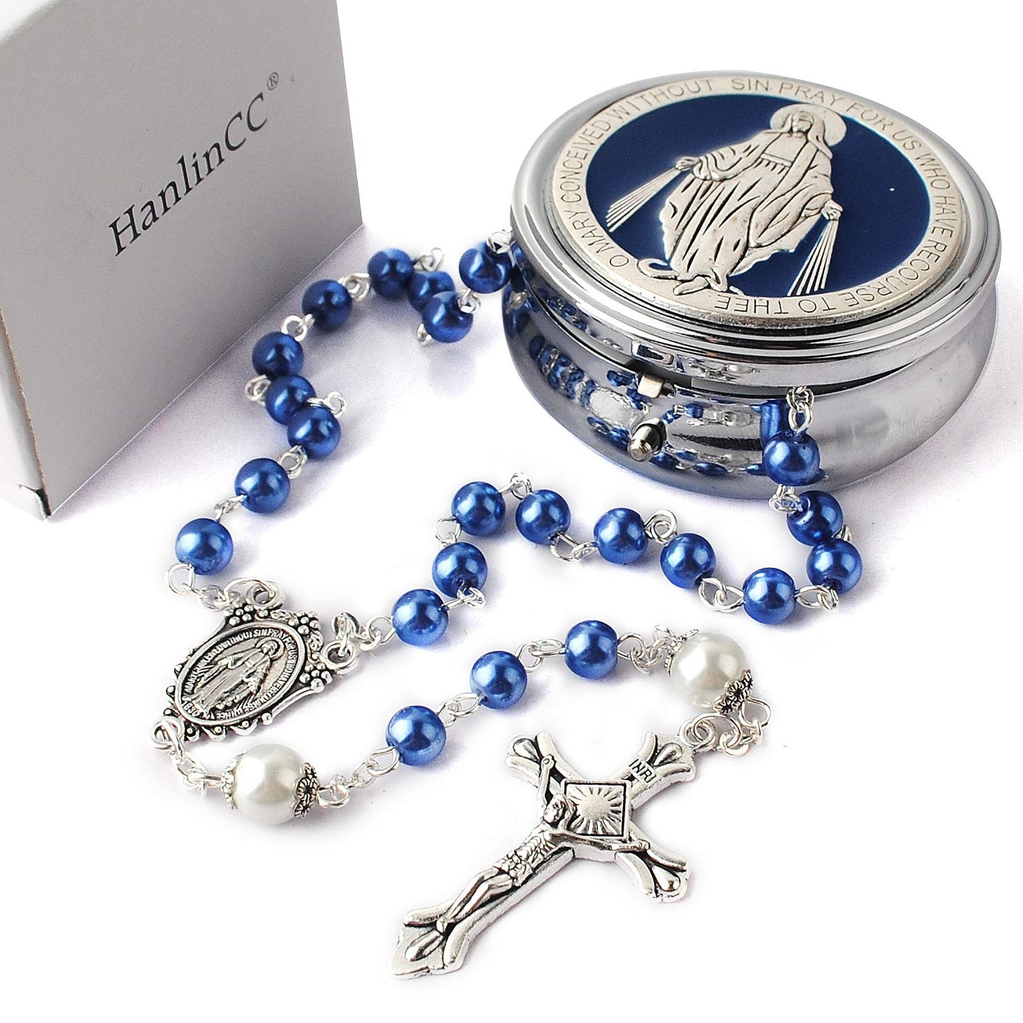 HanlinCC 6mm Glass Pearl Beads with 8mm Our Father Beads with Caps Rosary Necklace Pack in Miraculous Metal Gift Box (Blue Rosary with Miraculous Gift Box)
