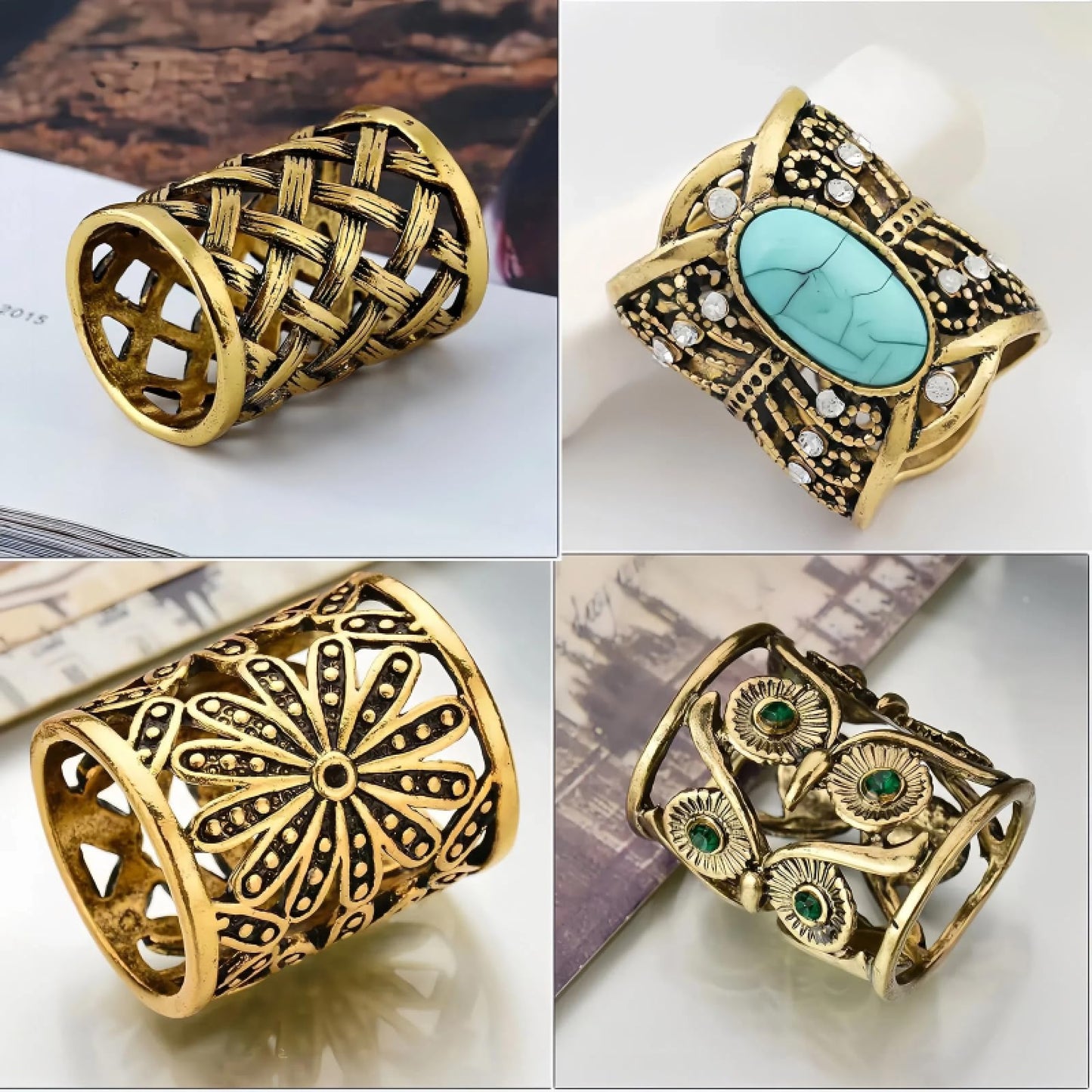 SYWDUDUCLT Vintage Style Scarf Ring Set, 4 Pack, Gold Tone with Floral, Turquoise, Weave and Owl Designs