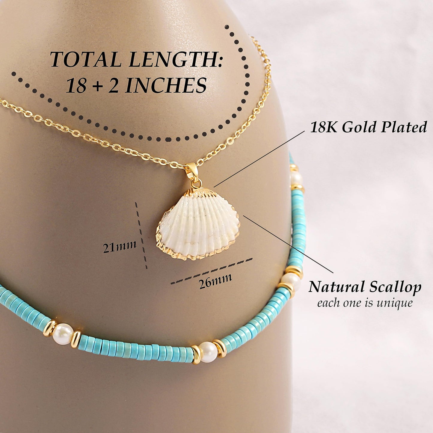 CANEVINKA 18K Gold Plated Natural Scallop Pendant Necklace Dainty Personalized Handmade Layered Charm Summer Beach Necklace Seashell Pendant Thin Cable Chain Necklace for Women