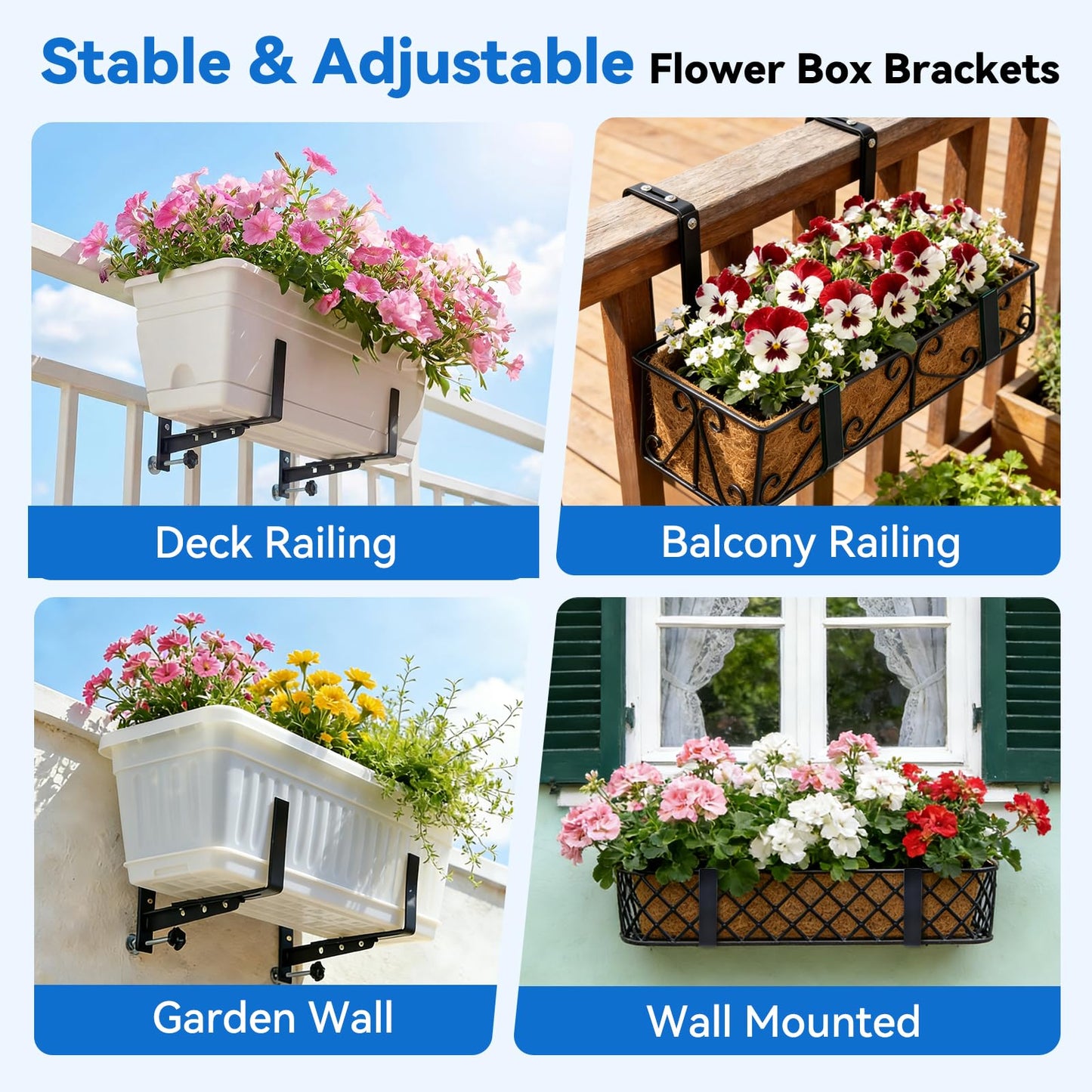 Halatool Railing Planter Box Brackets Outdoor, 4 Pack Adjustable Flower Planter Window Box Brackets, Heavy Duty No Drill Window Box Brackets with 65 lb Capacity for Railings Balcony Porch Fence