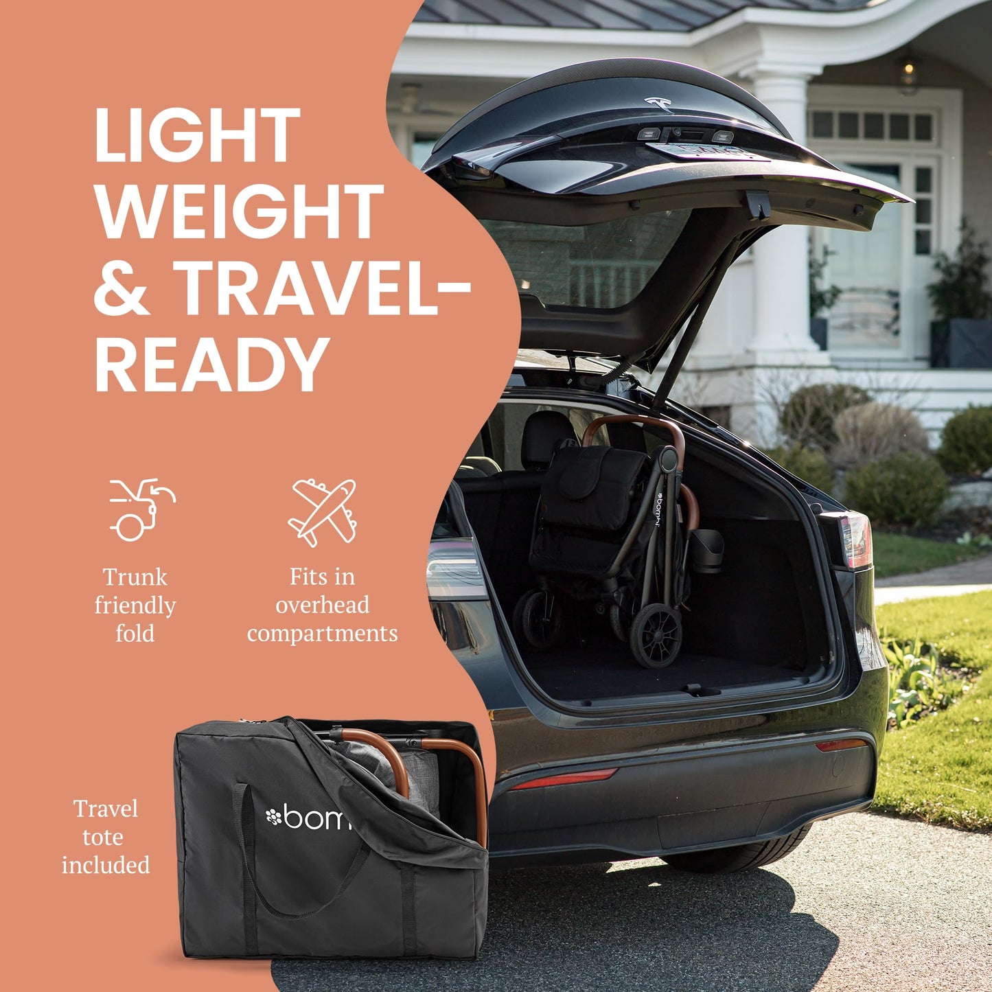 Bombi Bēbee V2 Lightweight Baby Stroller - Premium Vegan Leather, One-Hand Fold, Infinite Recline, Aircraft-Grade Aluminum Frame, XXL Canopy, and Ample Storage Umbrella Stroller - Sand