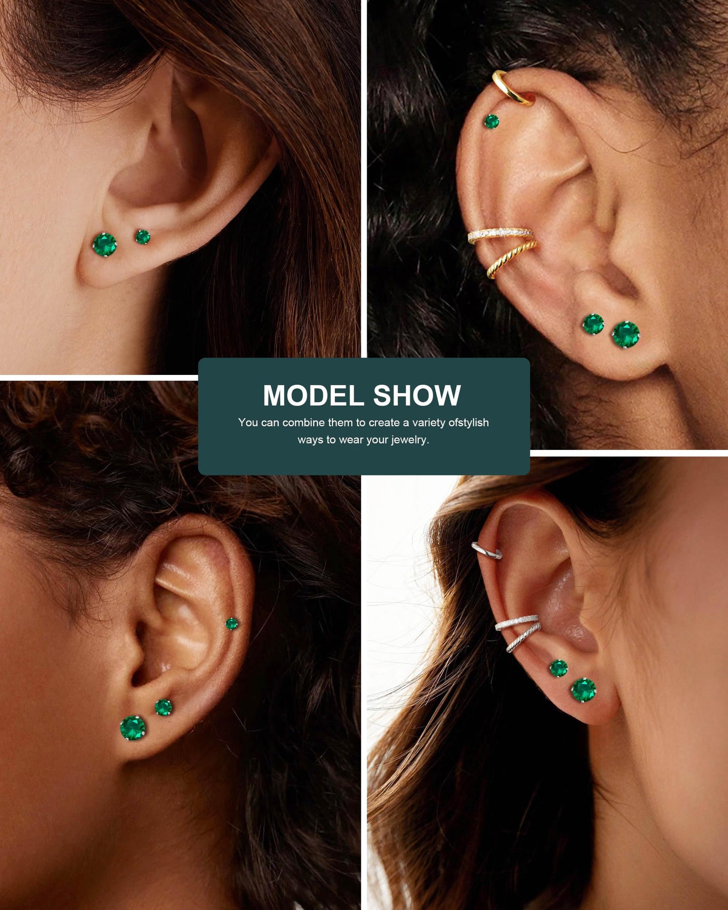 6 Pairs Stud Earrings Set, Hypoallergenic Cubic Zirconia Earrings 316L Stainless Steel CZ Earrings 3-8mm (Emerald CZ)