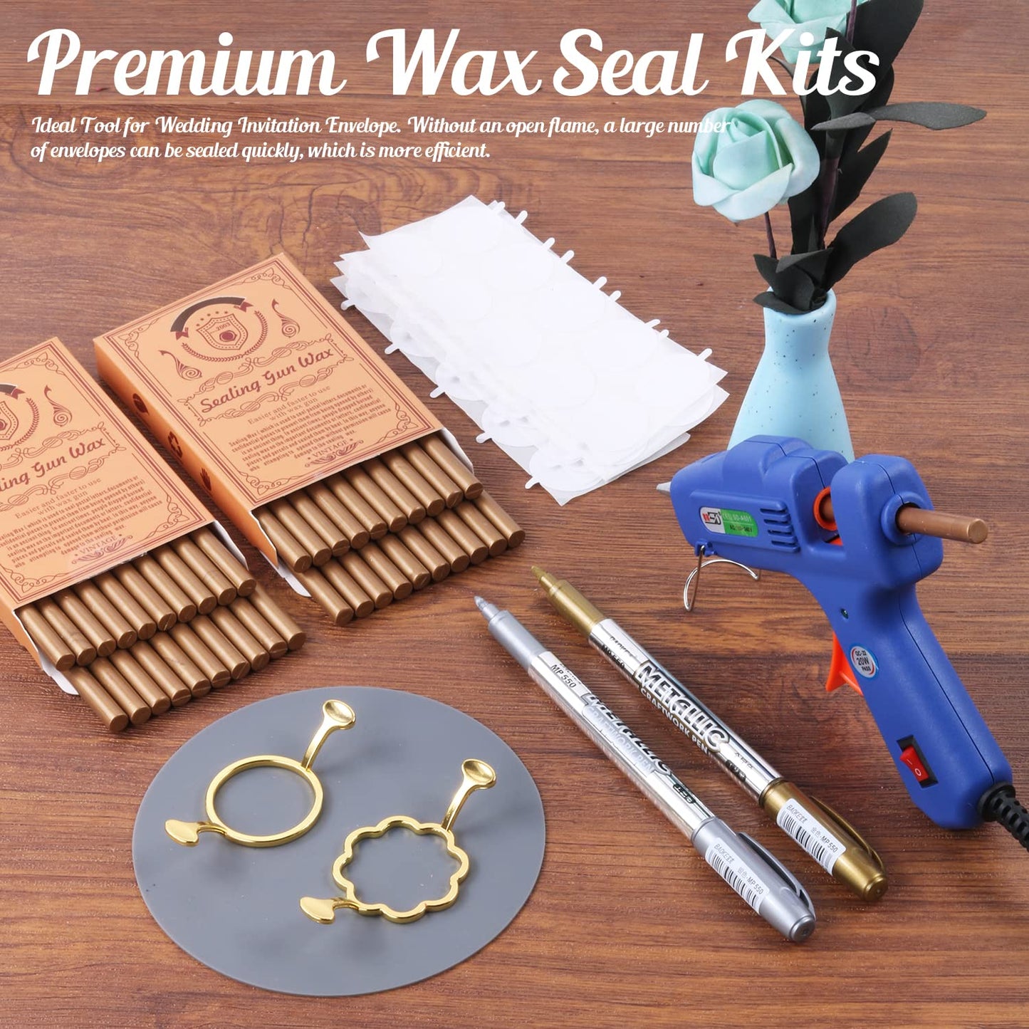 Wax Seal Kit, WASOHLING 40Pcs Bronze Sealing Wax Sticks with Glue Gun, Wax Seal Molds, Silicone Mat, Marker Pens, Premium Kit for Wedding Invitations Envelopes Cards (Bronze)