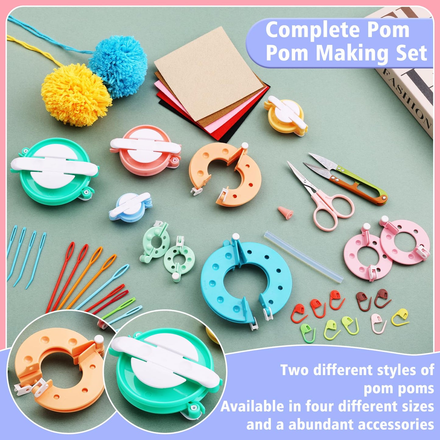 FTEVEN 41Pcs Pom Pom Maker, 8 Size Pompom Maker Kits with Warped Head Scissor and Instruction, Used for Fluff Ball Weave DIY Crochet Knitting, Pom Pom Maker for Yarn Knitting Craft Project