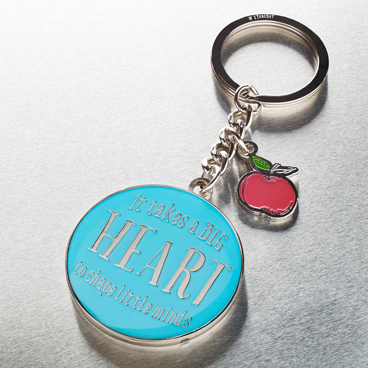 Christian Art Gifts Teacher Appreciation Keychain with Scripture: It Takes a Big Heart - 1 Cor. 16:14 Inspirational Bible Verse Blue Keychain with Apple Charm Accessory & Split Key Ring in Gift Tin