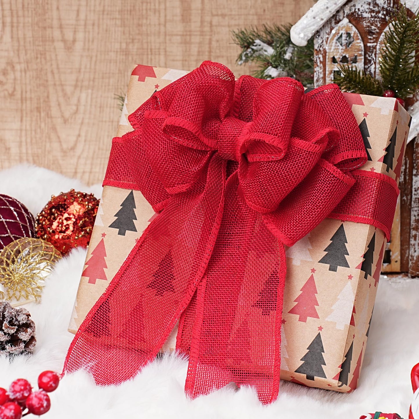 LaRibbons Red Burlap Wired Ribbon, 2.5 Inch x 12 Yards Red Burlap Fabric Ribbon for Crafts, Wreath, Bows, Gift Wrapping, Tree, Christmas Halloween Outdoor Decoration