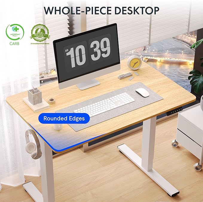 FLEXISPOT One-Piece Electric Standing Desk, 48 x 24 Inches Adjustable Desk with Seamless Desktop, Memory Controller Height Adjustment (White Frame + Maple Desktop, 2 Packages)