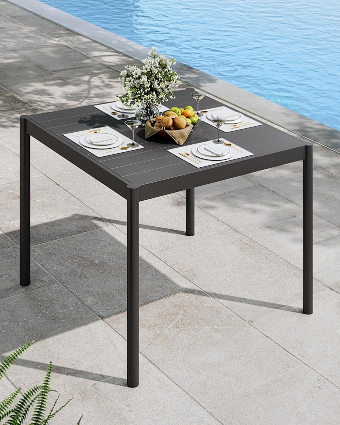 Aluminum Patio Dining Table for 2-4 Person, 34 in x 36 in Rectangle Outdoor Dining Table With Aluminum Tabletop and Metal Frame for Deck Garden Lawn Backyard, Black