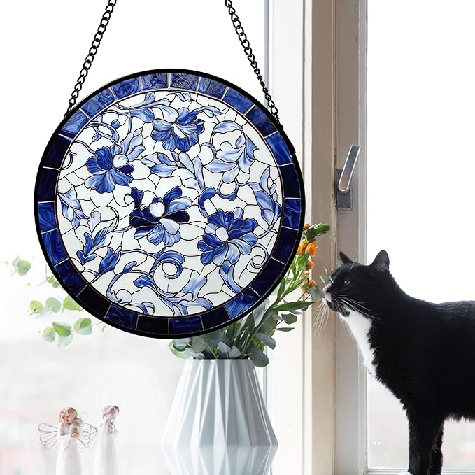 Stained Glass Window Hanging, Blue and White Abstract Flowers Sun Catcher for Door Home Decor Suncatcher Christmas Mother's Day Birthday Gifts for Women Men Mom and Nana 15 in