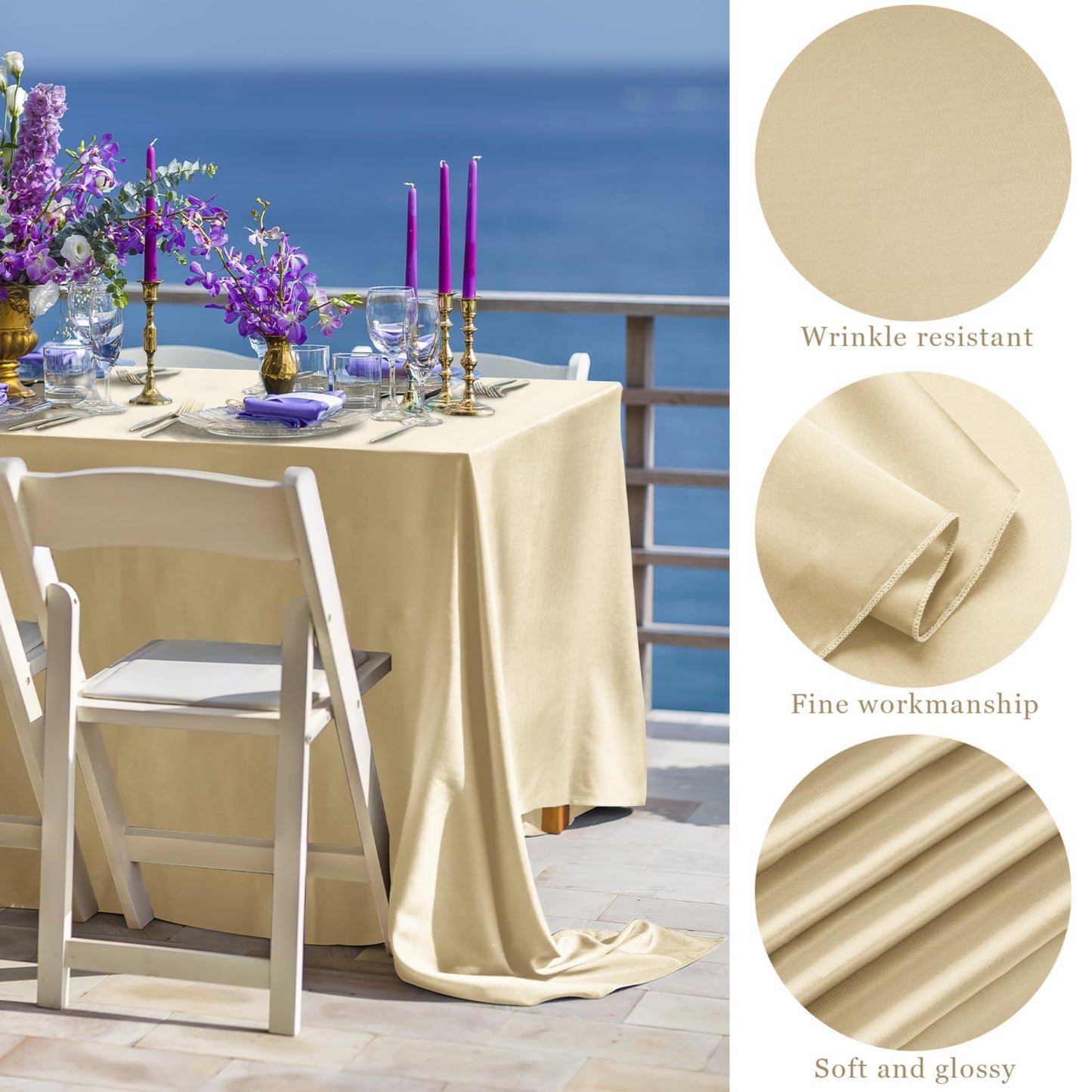 TURSTIN 1 Pack Champagne Satin Tablecloth 102 x 58 Inch Overlay Satin Table Cover Rectangle Bright Silk Tablecloth Smooth Fabric Table Decoration for Wedding Banquet Party Events
