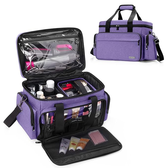 BAFASO Large Makeup Bag with 2 Removable Pouches and Detachable Dividers, Multifunctional Cosmetic Bag to Keep Makeup and Hair Supplies (Patent Pending), Purple