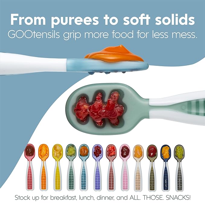 NumNum Baby Spoons Set, Baby Essentials Pre-Spoon GOOtensils for 6+ Months, First Stage Self-Feeding Spoons for Baby Led Weaning (BLW), Silicone Toddler Utensils, BPA-Free, 6 Pack Rainbow