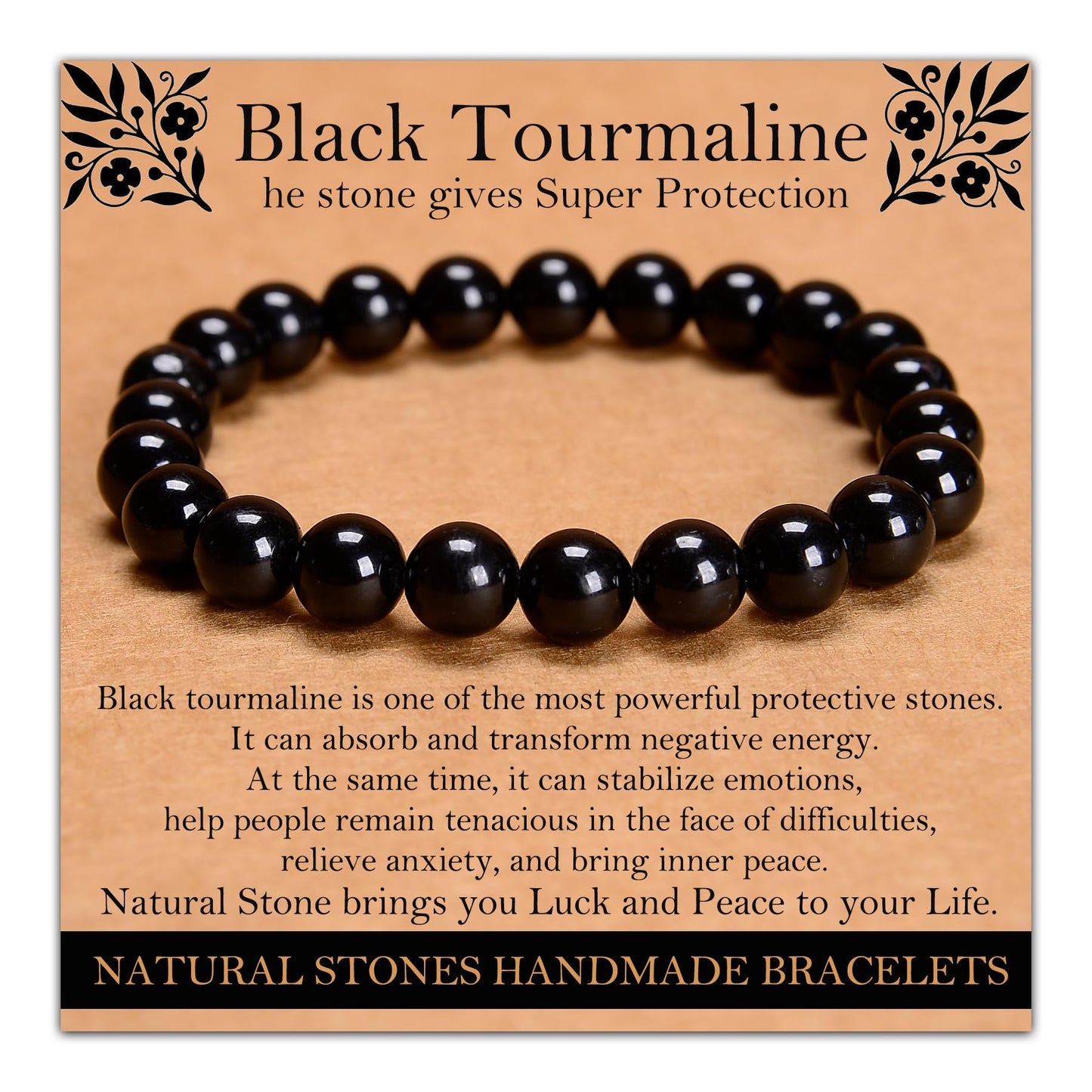 Handmade Natural Gemstone Elastic Bracelet - Healing Crystal Beads Jewelry, Unisex (Black Tourmaline, 8mm)