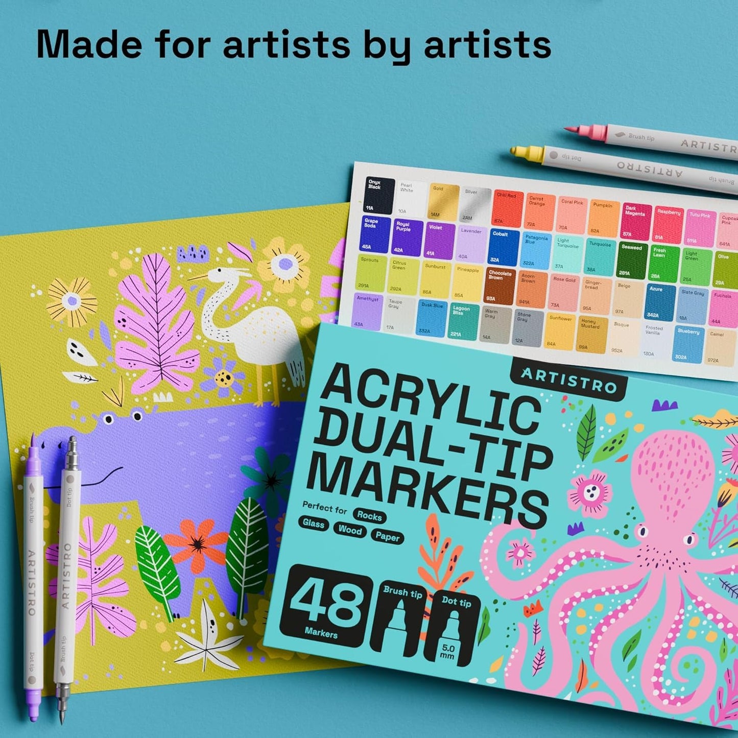ARTISTRO 48 Rock Acrylic Paint Markers - Rock Painting Kit for Arts & Crafts - Dual Tip Acrylic Paint Pens
