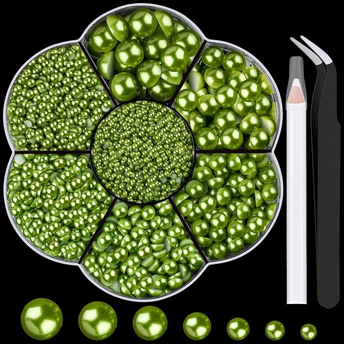 Nail Art Flat Back Half Round Pearl Kits 27, 1 Box of 6000 Pcs Flat-Back Green with Tweezer and Picker Pencil for Home DIY Nails Body Face Craft and Salon Use
