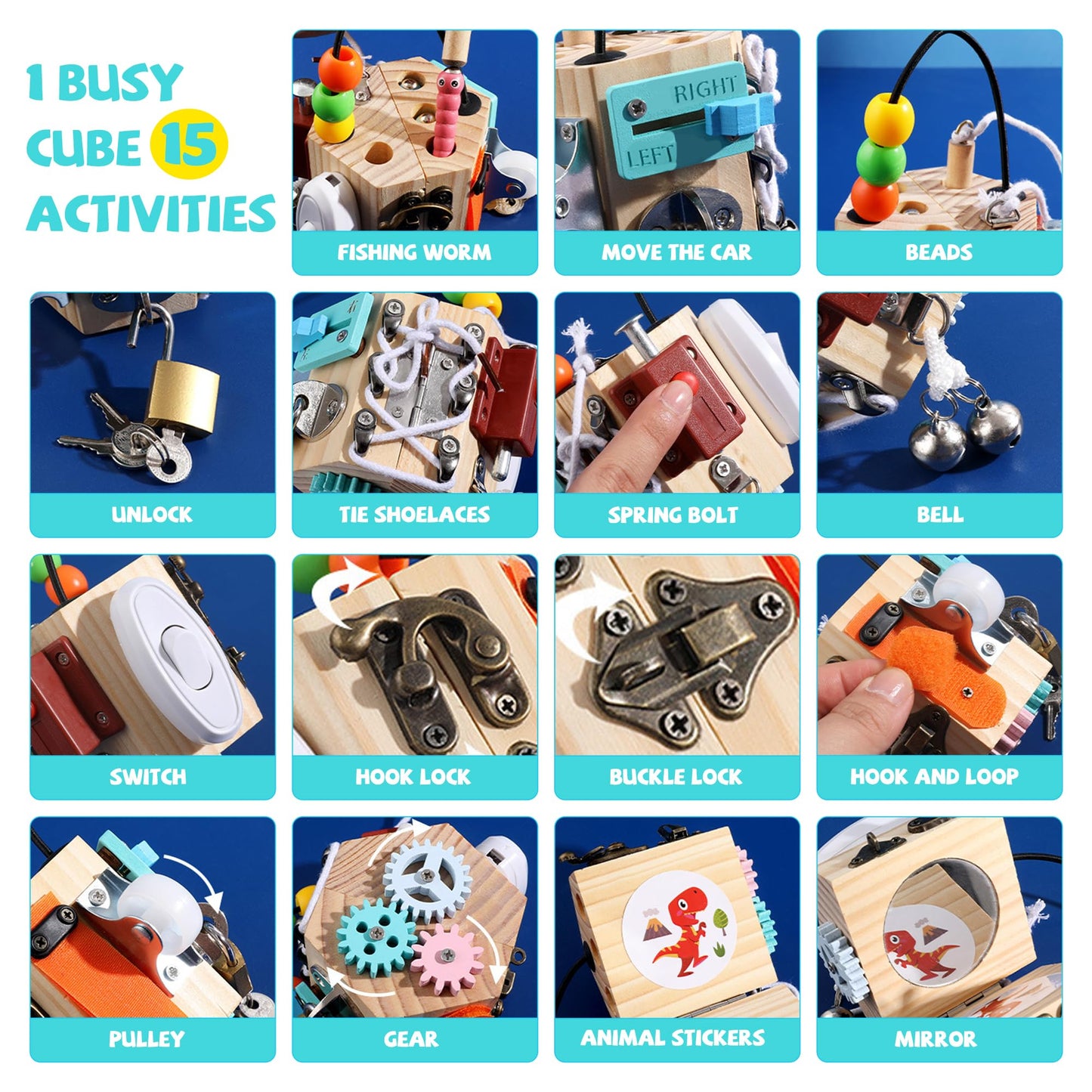 Ark miido Busy Cube for Kids 15-in-1 Sensory Busy Board Travel Toy Handmade Montessori Educational Learning Toys Activity Board Wooden Activity Cubes for Toddlers 1 2 3 4 5 Years Old