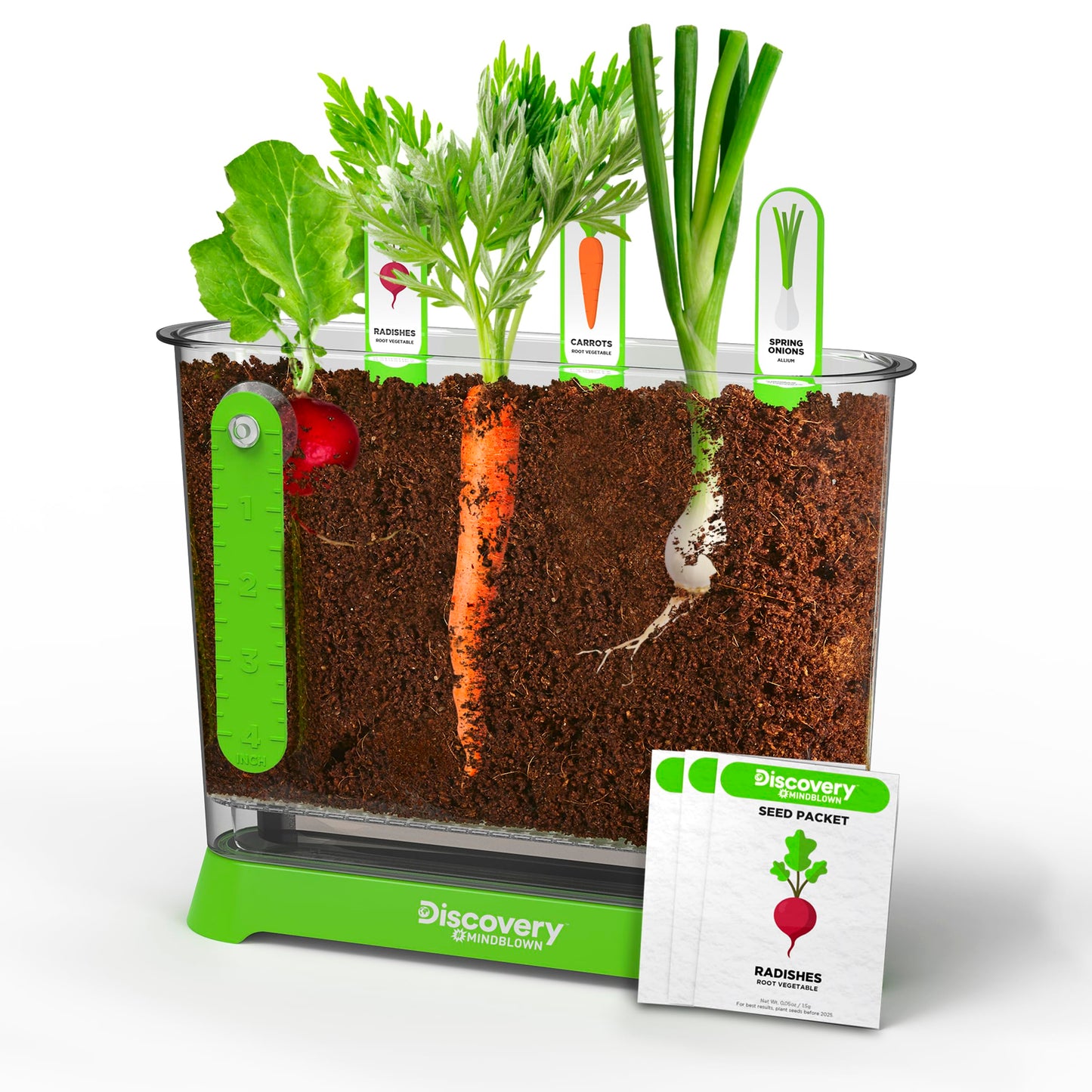Discovery™ Edible Veggie Garden Watch-It-Grow Kit – DIY STEM Activity for Kids | Grow Carrots, Radishes & Onions| 11-Piece Science Kit with Seeds, Potting Mix & Root Tracker| Learning Toy Gift Ages 6+