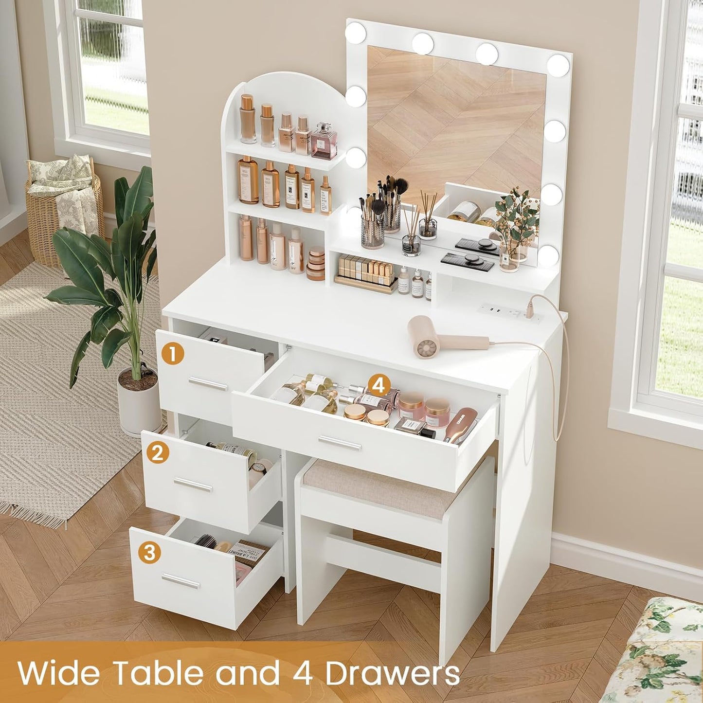 Quimoo Makeup Vanity with 10 Light Bulbs and Charging Station, Vanity Desk with Lighted Mirror & 4 Drawers, Vanity Table Set with Cushioned Stool, White