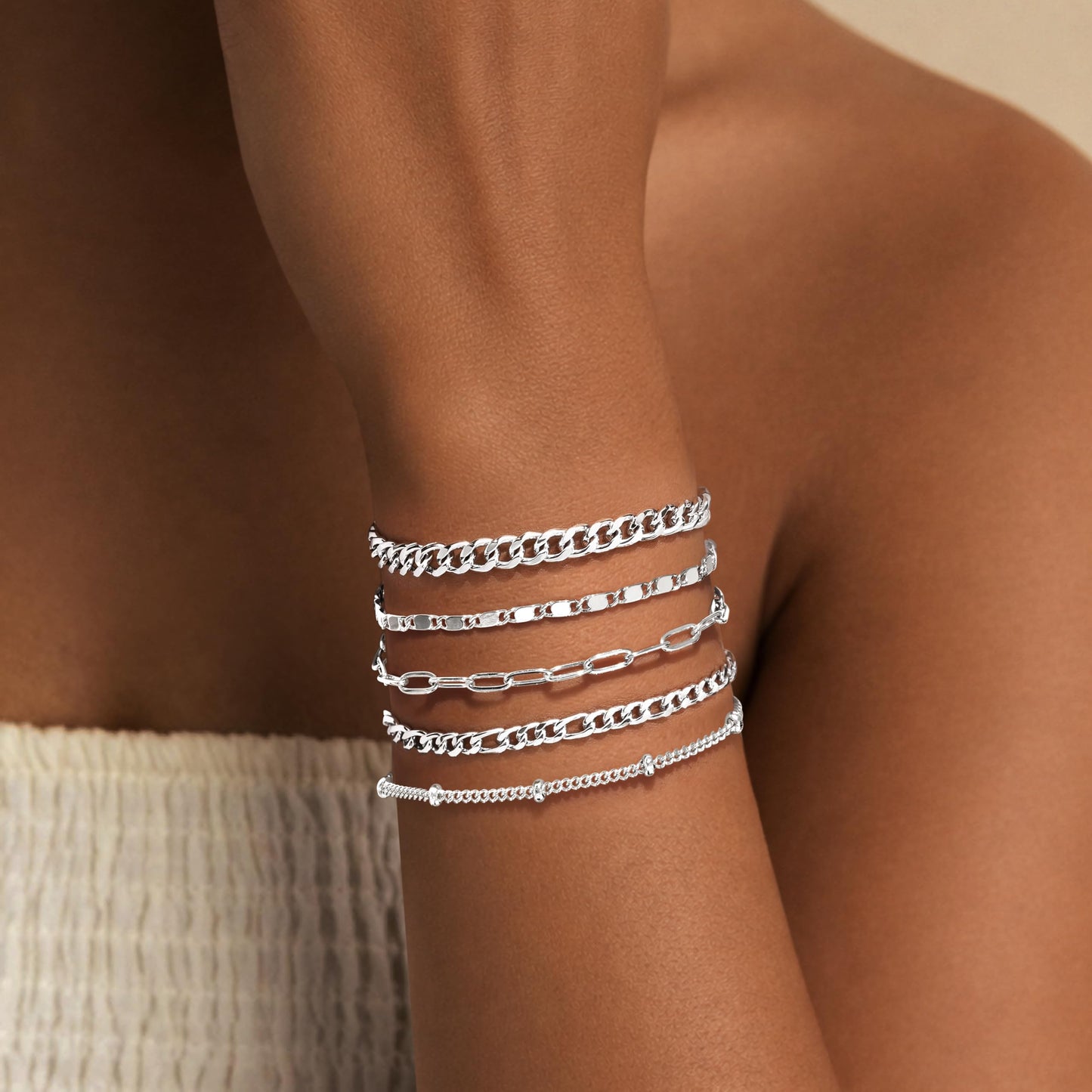 Gokeey Sterling Silver Bracelets for Women Non Tarnish, Stackable Silver Dainty Figaro Paperclip Cuban Link Chain Bracelet Stack Set Pack for Women Trendy Simple Silver Jewelry Gifts